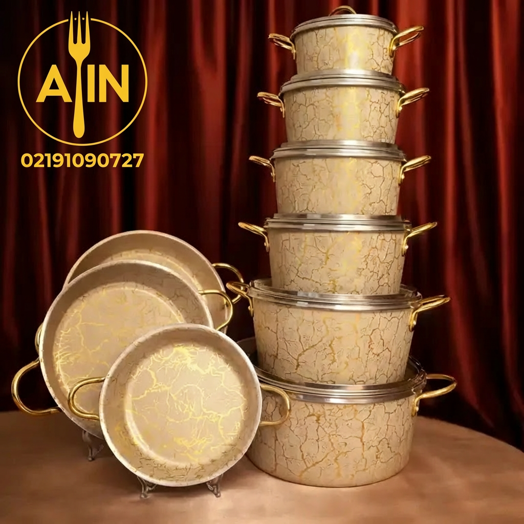 سرویس ۱۵پارچه کوشا م رنگ ماربل کرم طلایی