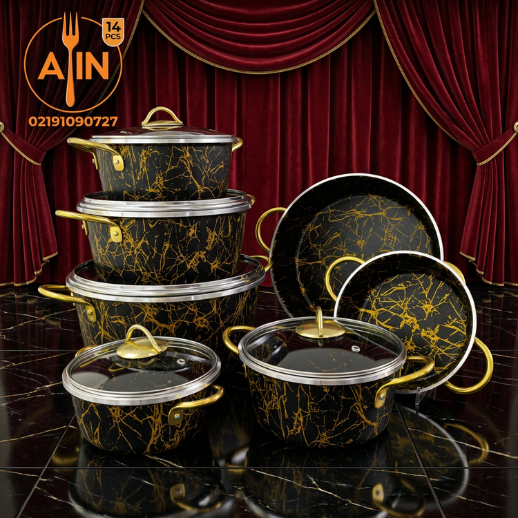 قابلمه سرویس۱۴پارچه زرفام رنگ ماربل مشکی طرح سنگ
